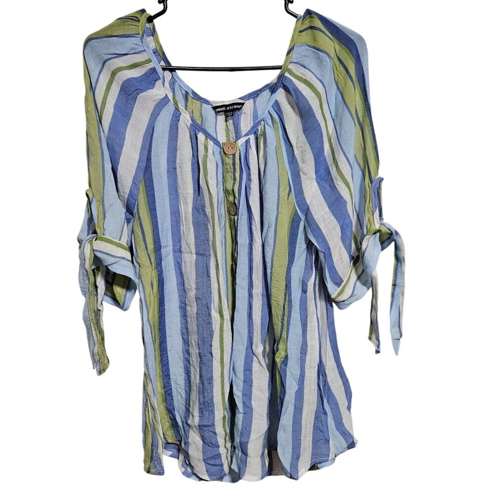 Unique Spectrum Striped Blouse Womens Plus Size 1X Blue Green Tie Sleeves